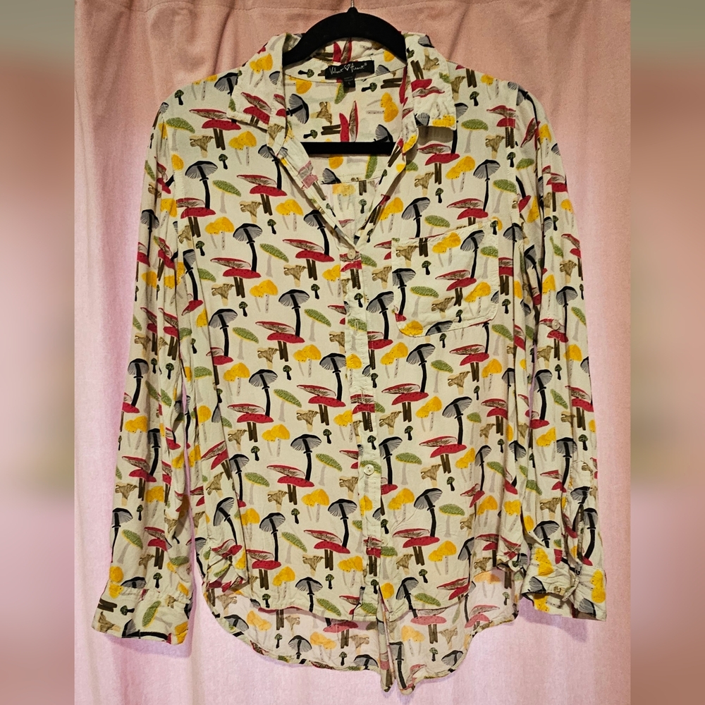 Velvet Heart Mushroom Print Button Down Shirt - Cream, Red, Yellow, Black
